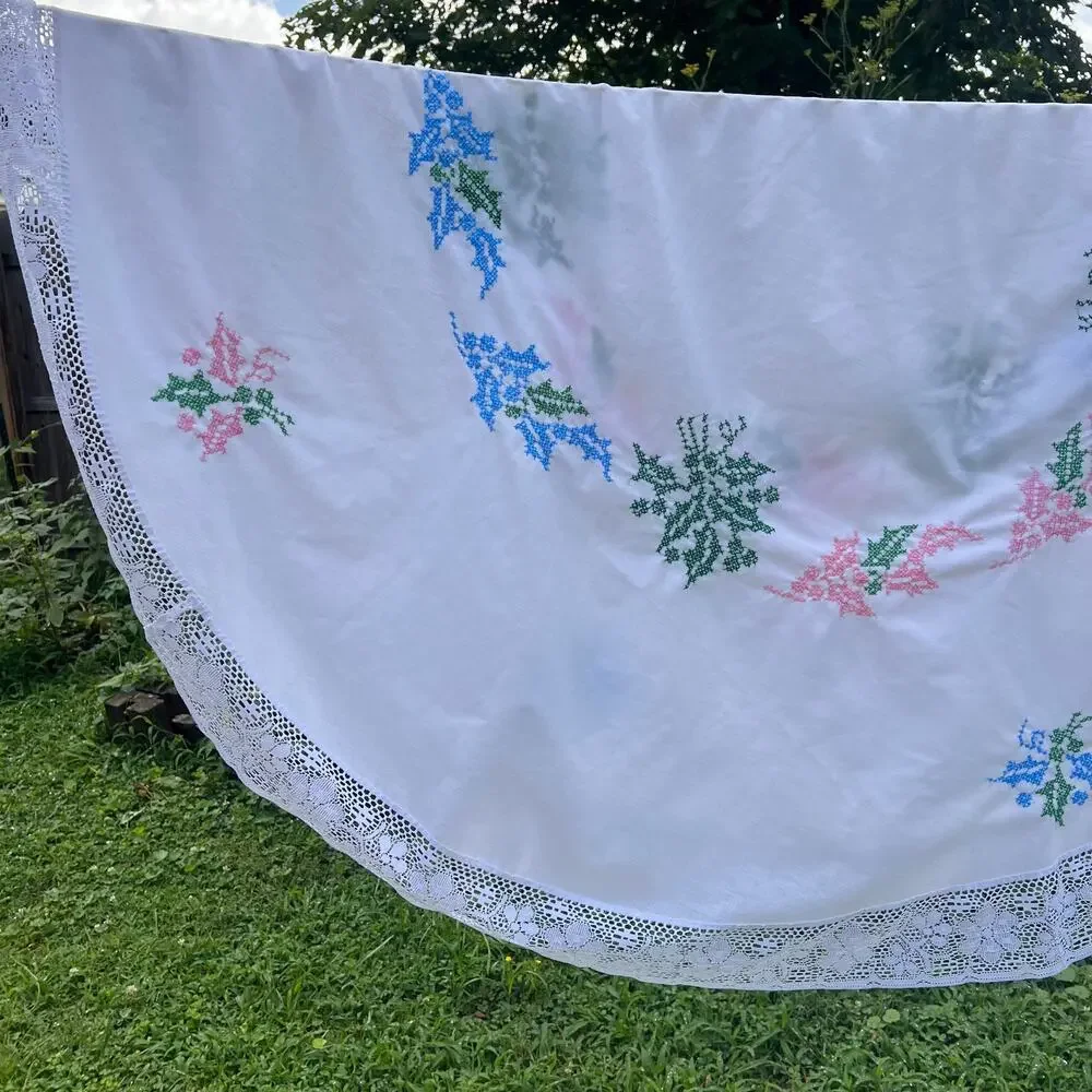 Vintage Hand Cross-Stitched Round Tablecloth 64” White Lace Trim Cottagecore